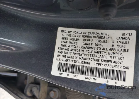 2012 Honda Civic Lx from USA, damaged, VIN 2HGFB2F50CH558046
